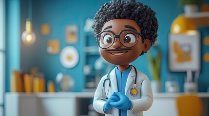 3d render african cartoon character doctor wears blue latex glove professional protection safety concept