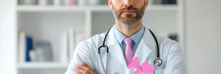 Wall Mural - A confident doctor in a white coat, arms crossed, with a stethoscope around his neck.