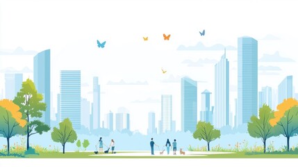 Wall Mural - A peaceful urban park scene where families are planting trees and flowers with animal habitats, birds, squirrels, and butterflies all around, celebrating World Animal Day