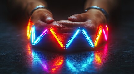 3d render artificial hand rock gesture geometric bracelet colorful neon light triangle human mannequin body part isolate3d on black background abstract contemporary art modern minimal concept