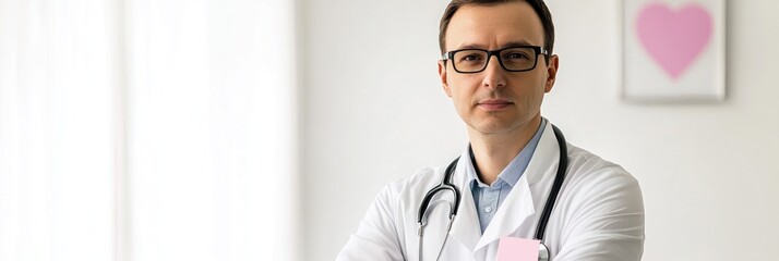 Wall Mural - A confident doctor in a white coat with a stethoscope, conveying professionalism and care.