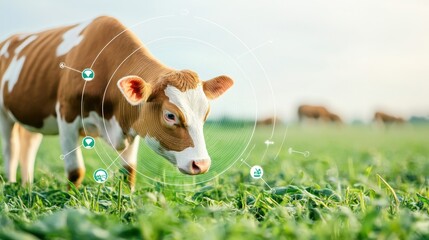 A serene farm setting with genetically modified animals grazing, digital markers highlighting their unique traits and genetic modifications for sustainability