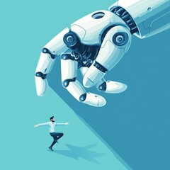 Wall Mural - The isometric businessman jumps from a human hand to an AI robot hand