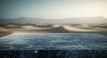 A minimalist stone surface set against a blurred desert landscape.