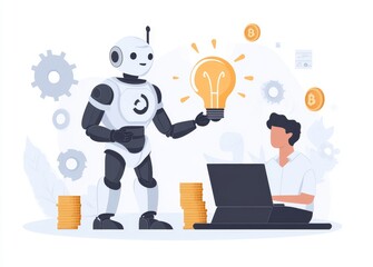 Wall Mural - Businessman sitting with laptop on money coins in flat modern illustration of robot giving light bulb. Finance, help of stock concept for banner, website design or landing web page.