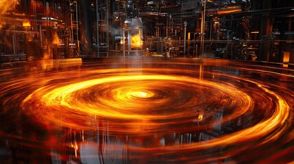 molten salt swirling inside a giant transparent tank casting a fiery glow with complex machinery in the background futuristic energy production