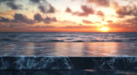 Canvas Print - A serene sunset over the ocean, viewed from a reflective marble surface.