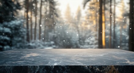 Wall Mural - A serene winter landscape with a dark stone surface in the foreground and snow falling gently.