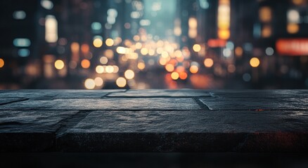 Poster - A blurred cityscape at night with a stone surface in the foreground.