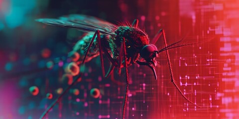 Poster - Close-up of a mosquito in neon light.