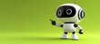 © Maxim Borbut - On a green background, a cute mini robot is pointing its fingers at the copy space. Stock image