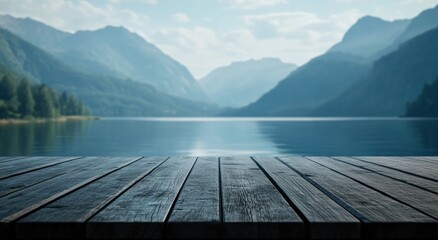 Poster - Serene lake view with mountains in the background and a wooden deck in the foreground.