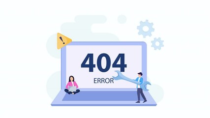 Animation video 2d clip 4k  of 404 error illustration maintenance system technology.