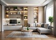 © Achiraya - Compact, modern living room with sleek, space-saving furniture featuring built-in storage, perfect for small apartments