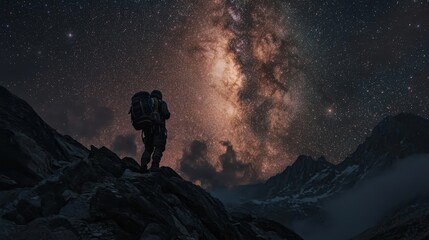 A lone backpacker stuggles up a mountain at night, driven by the allure of the Milky Way and the stars above.