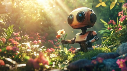 A friendly robot planting flowers in a virtual garden, surrounded by blooming plants and bright sunlight