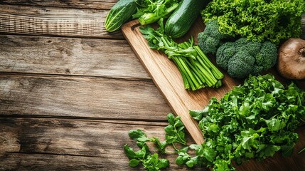 Wall Mural - Fresh green vegetables on a wooden cutting board.