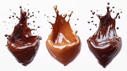 3d render chocolate splash heart shape collection cacao drink or coffee splashing cooking ingredient abstract brown liqui3d clip art set isolate3d on white background