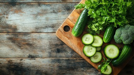 Wall Mural - Fresh green vegetables on a rustic wooden background.