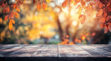 Wall Mural - A serene autumn scene with vibrant leaves and a wooden table foreground.