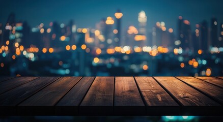 Wall Mural - A wooden table in the foreground with a blurred city skyline at night in the background.