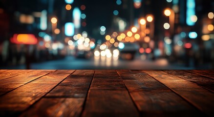 Poster - A blurred cityscape at night with a wooden table in the foreground.