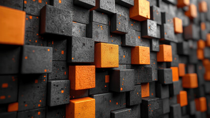 Textured wall featuring a dynamic arrangement of black and orange blocks, emphasizing depth and contrast in a modern design context