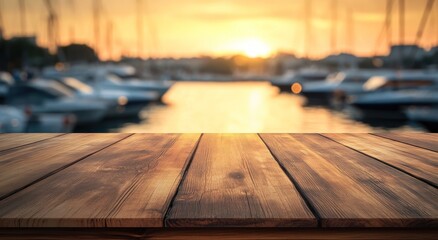 Wall Mural - A wooden table in the foreground with a sunset and boats in the background.