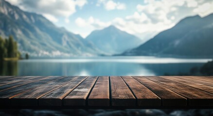 Poster - Serene lakeside view with a wooden table in the foreground, showcasing nature's beauty.