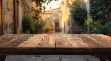 Poster - A rustic wooden table in a serene courtyard setting, inviting relaxation and conversation.