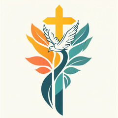 christian cross with dove and colorful leaves illustration on light background with copy space