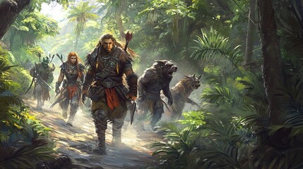 Fantasy concept painting of a squad of orc soldiers fighting in a high-tech jungle warzone. Illustration painting.