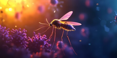 Canvas Print - A mosquito on a purple virus with a blurred background.