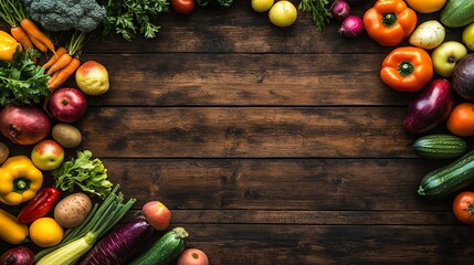 Wall Mural - A rustic wooden background with various fresh vegetables and fruits around the edges.