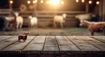 Poster - A small lamb stands on a wooden table with a blurred barn and cows in the background.