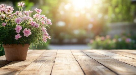 A serene table scene with a potted flower against a sunlit garden backdrop.