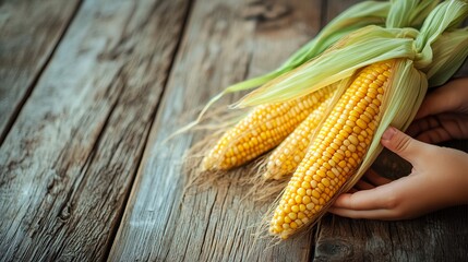 Wall Mural - Close-up of three ears of corn on a rustic wooden surface.