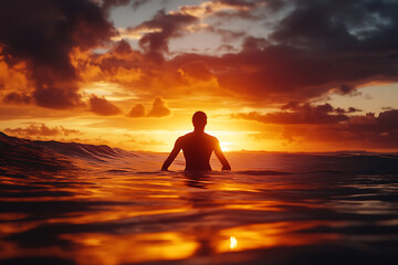 Wall Mural - A silhouette of a person standing in water during a vibrant sunset.