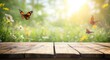 © BerkahStock - A serene scene featuring butterflies above a wooden surface in a sunlit meadow.