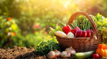 Wall Mural - A wicker basket filled with fresh vegetables, with a sunny background.