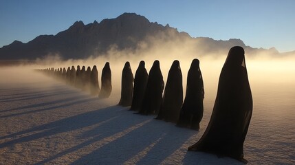 Black silhouettes wander through a desert apocalypse.