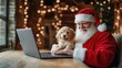 © JuLady_studio - Jolly Santa Claus with laptop and cute retriver puppy, sitting at a table filled with Christmas decorations. Online Christmas shopping atmosphere.