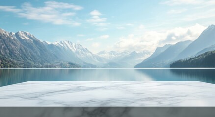 Sticker - A serene landscape with mountains and a calm lake, featuring a marble platform in the foreground.