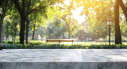 Sticker - A serene park scene with a marble table in focus, sunlight filtering through trees.