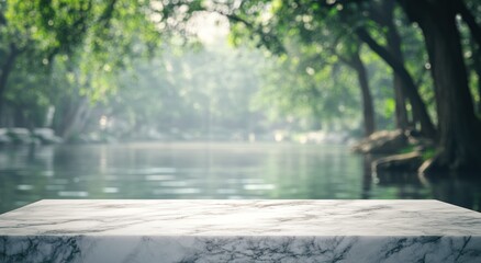 Poster - A serene marble surface in a lush, green environment by a calm water body.