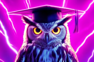 AI-created fashion portrait of an owl with an academic cap in pink and blue neon colors