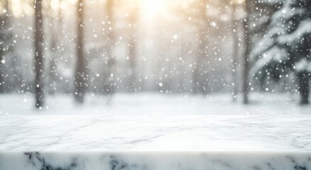 Wall Mural - A serene winter scene with falling snow and a marble surface in the foreground.