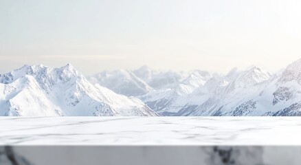 Wall Mural - A serene winter landscape featuring snow-capped mountains under a bright sky.