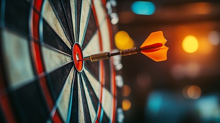 A red and black dartboard with a single orange dart in the bullseye, the tip of the dart is slightly out of focus. The background is blurry with a few bright orange and blue lights out of focus.