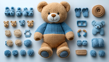 Wall Mural - A teddy bear and different items on light blue backdrop.

